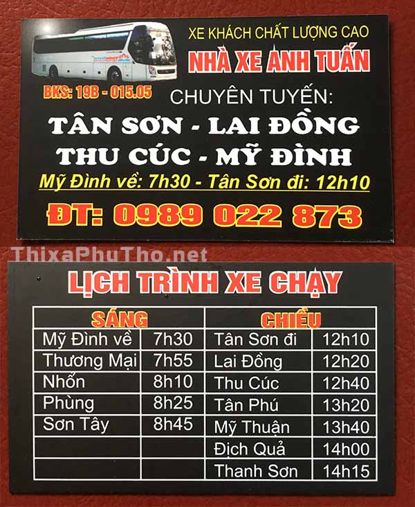 Nhà xe Anh Tuấn: Tân Sơn - Lai Đồng - Thu Cúc - Mỹ Đình