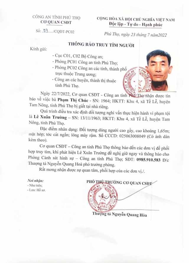 Phú Thọ: Xuyên đêm truy bắt nghi phạm vừa ra tù vì giết người 'xuống tay' giết vợ