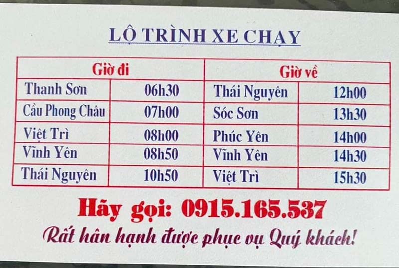 Lộ trình Nhà xe Hùng Nhung chuyên tuyến Thanh Sơn, Phú Thọ đi Thái Nguyên