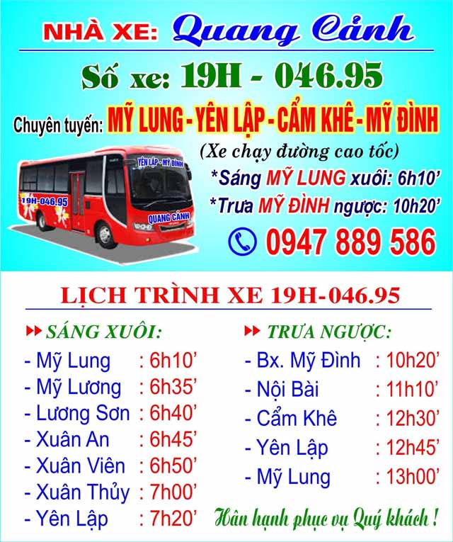 Nhà xe Quang Cảnh chuyên tuyến Mỹ Lung, Yên Lập, Cẩm Khê đi Mỹ Đình, Hà Nội